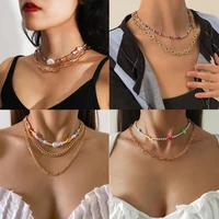 re hot sale multi layer metal necklace for women retro colorful rice bead flowers choker irregular pearl clavicle chain jewelry