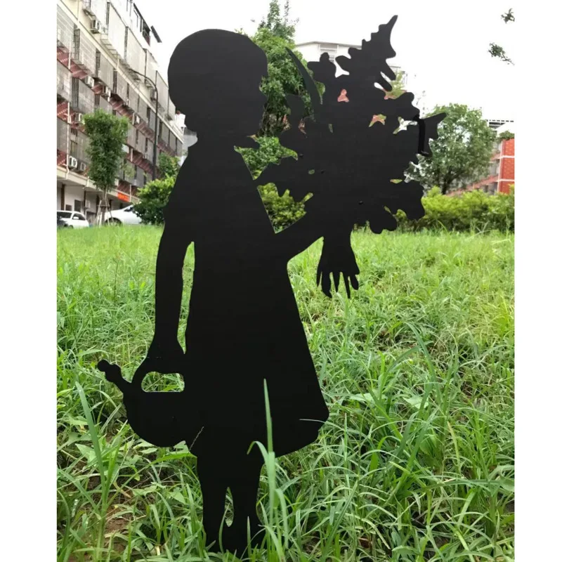 Figura de Metal para decoraci&oacute;n de jard&iacute;n, escultura de silueta de hierro de chica girasol, adornos de plantas en macetas, decoraci&oacute;n de jard&iacute;n-2
