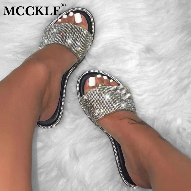 MCCKLE / женские тапочки с кристаллами блестящие плоские мягкие шлепанцы ярких