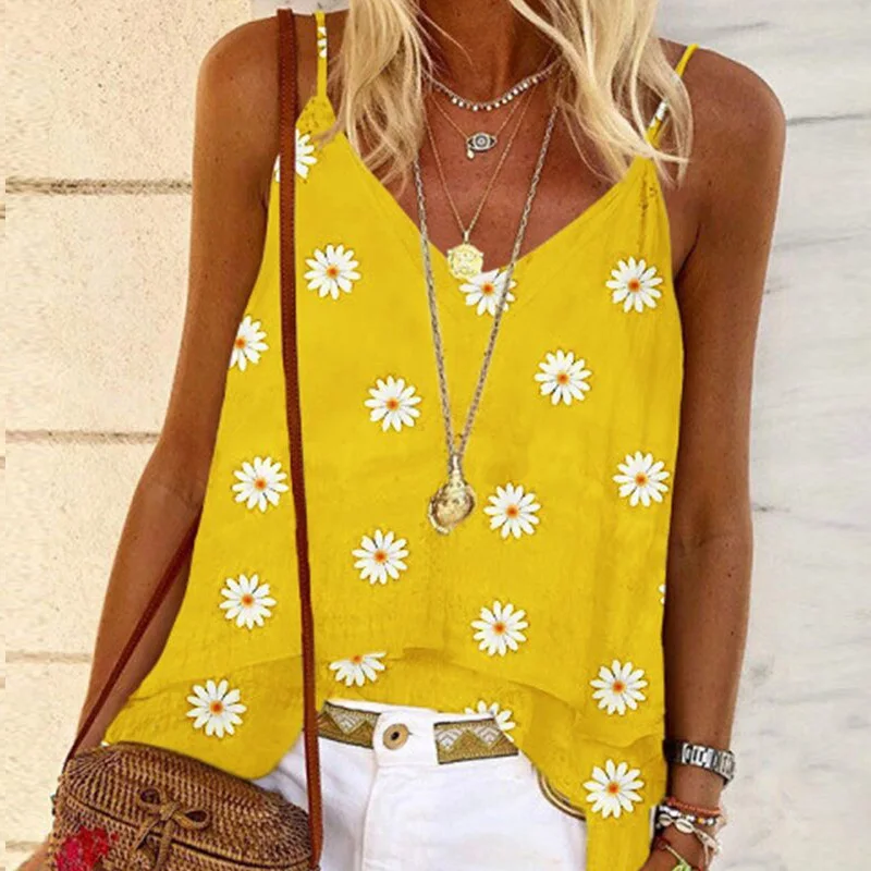 

Bohemian V-Neck Daisy Print Camisole Sexy Strap Tops Loose Summer Women Casual Tank Tops Vest Sleeveless Female Cami