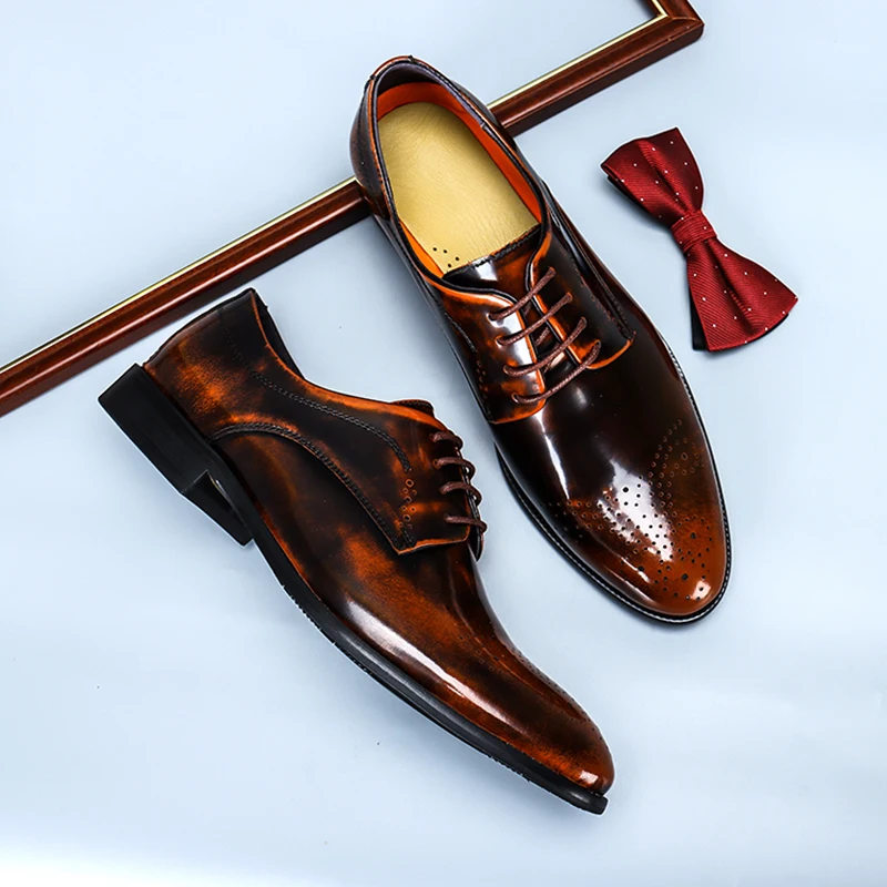 

Phenkang Men Genuine Wingtip Winter Leather Oxford Shoes Pointed Toe Lace-Up Oxfords Dress Wedding Business Platform Shoes