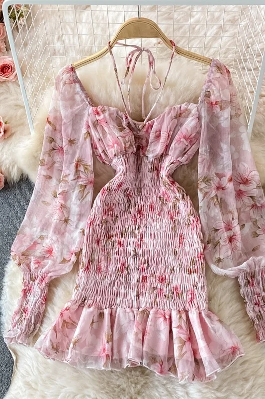 

French Girls Chic Chiffon Dress Women Age Reduce Fishtail Dress Fashion Long Sleeve Backless Holiday Dresses