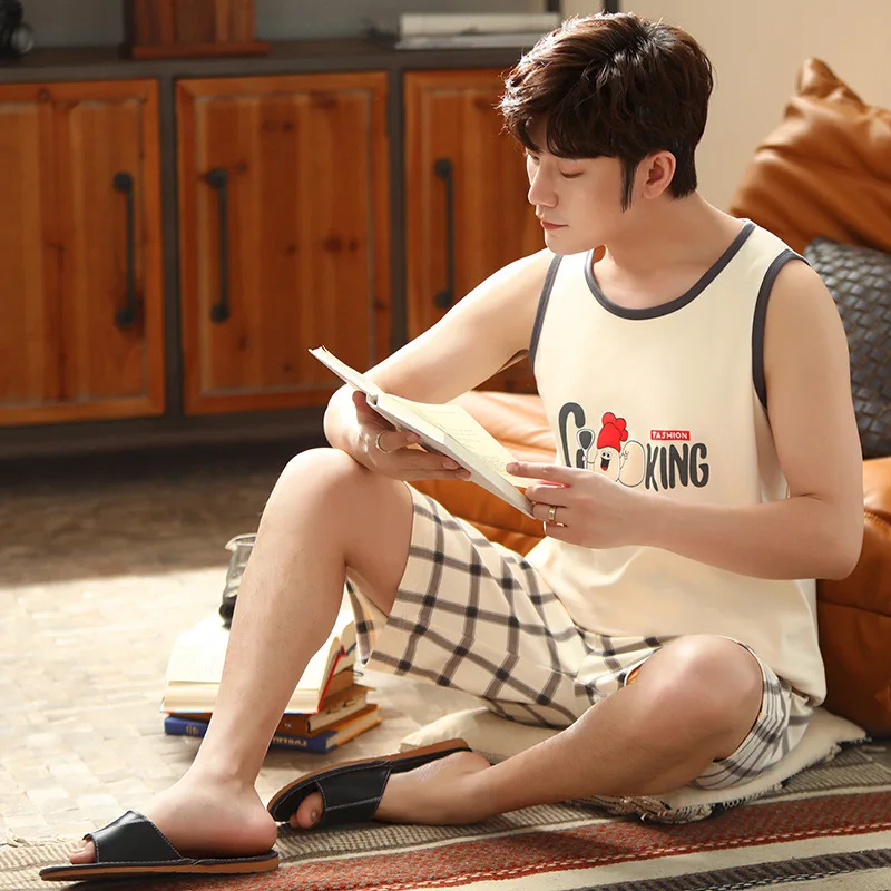 

New Summer Men's Pajamas Vest Shorts Pure Cotton Youth Home Wear Casual Oversize Suit pyjama men