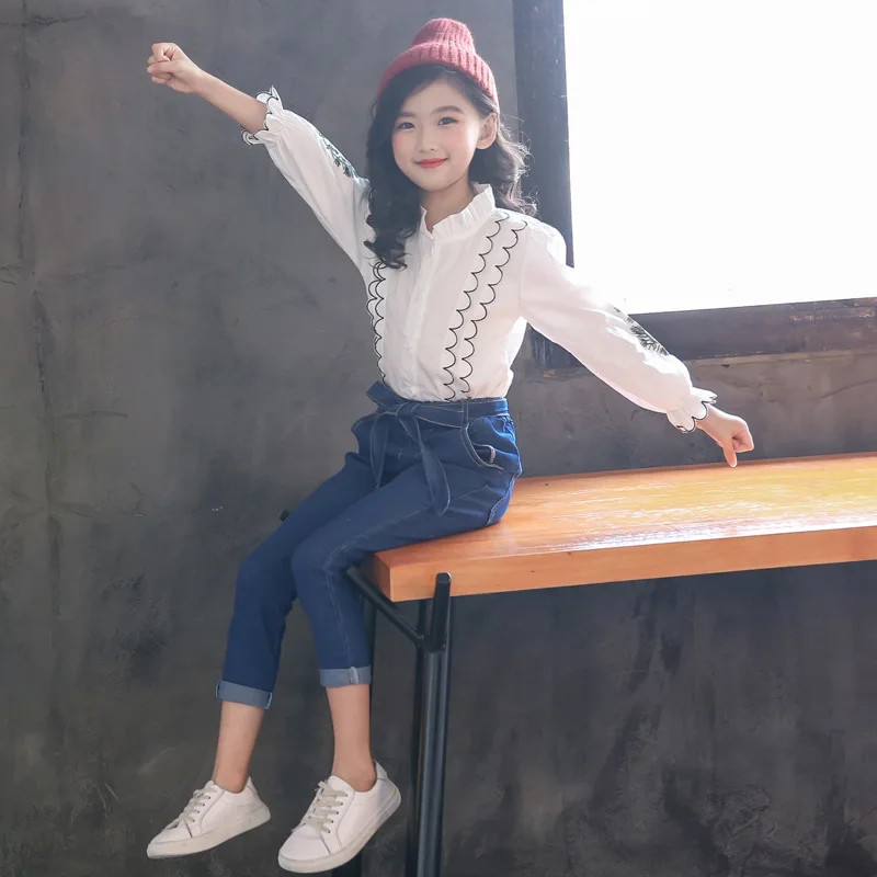 Комплект одежды для девочек-подростков из 2 предметов белая рубашка + джинсы