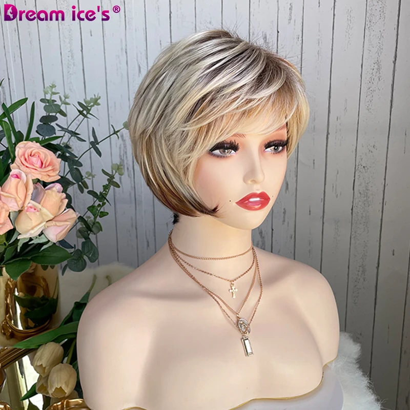 Короткий синтетический парик с волнистыми прямыми волнами и челкой блонд дрок