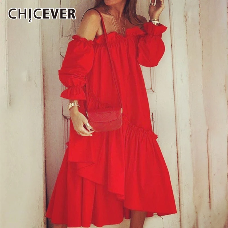 

CHICEVER повседневное лоскутное платье с оборкой для женщин, платье с вырезом лодочкой и рукавами-фонариками, свободное однотонное платье миди ...