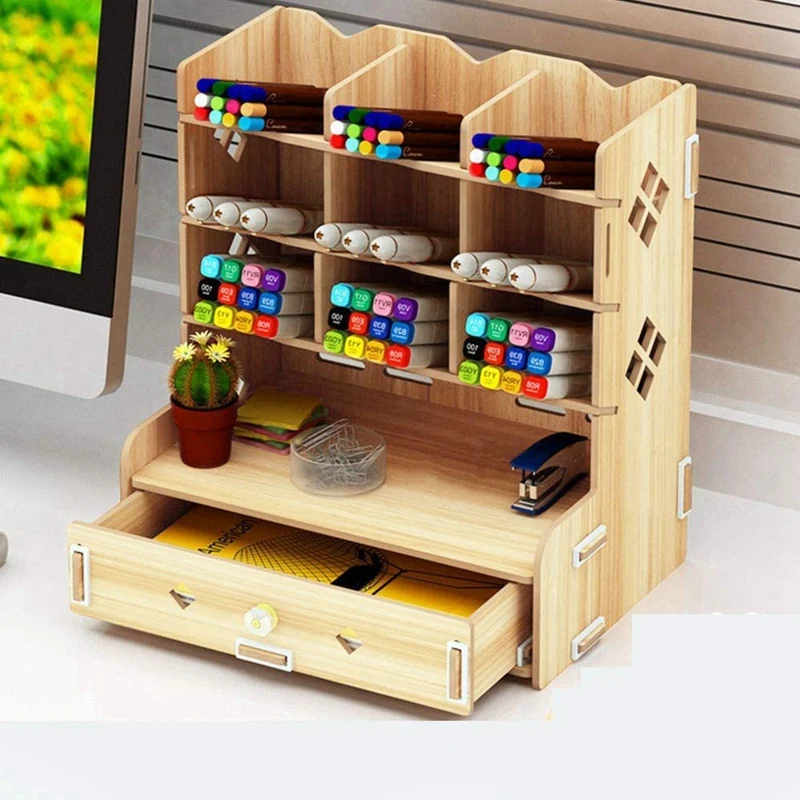 

School Supply Storage DIY Wooden Desk Organizer with Drawer,Pen Holder Box Desktop Stationary for Students