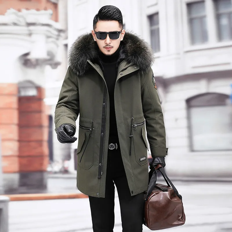 

Winter Real Fur Coat Men Clothes 2023 Streetwear Warm Mink Fur Liner Long Jacket Raccoon Fur Hooded Fashion Casacos 103