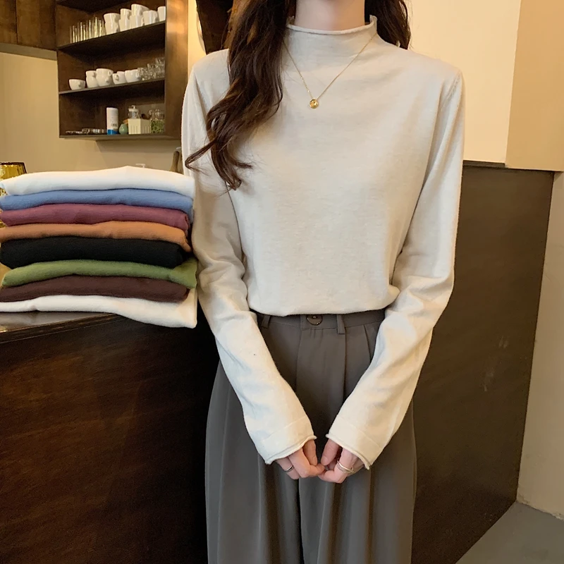 

Women's Chic Style Knitted Pullover Sweaters Solid Mock Neck Long Sleeves Women Knitting Pullover Autumn Spring 2021