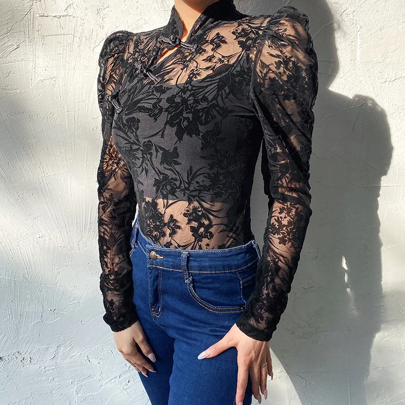 Черное цветочное Сетчатое платье Прозрачная Для женщин боди Топ Китайский шеи