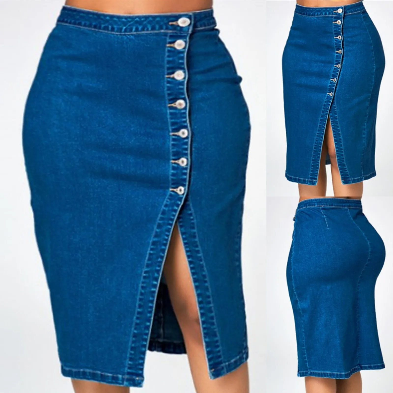 

2021 Ladies Denim Button Skirt Women's New Style Ripped Fashionable Sexy Button Long Retro Old Bag Hip Skirt Knee-length Skirt
