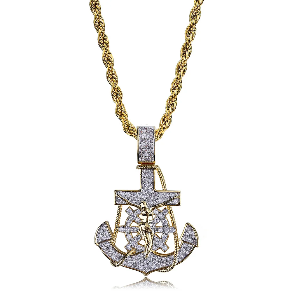 

Hip Hop Jewelry 18k Gold Plated Zirconia Simulated Diamond Iced Out Chain Rudder Cross Pendant Necklace for Men Charm Gifts