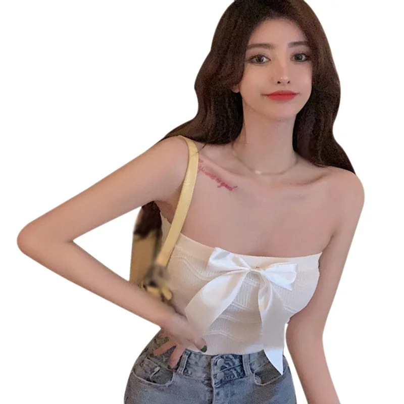 

Summer Bowknot Ruffles Slash Neck Knitted Cropped Fashionable Sleeveless Tank Top Women Sexy Strapless Camis Crop Tanks