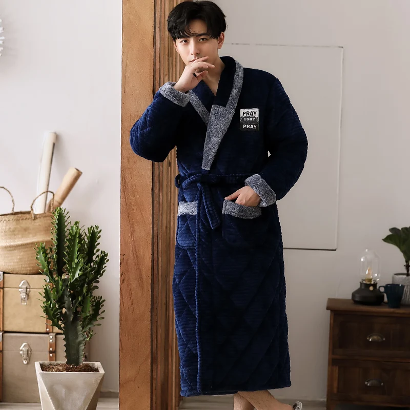 

Winter Thick Warm Mens Flannel Robe Long Sleeve Casual Comfortable Soft Plus Size L-3XL Male Bathrobe