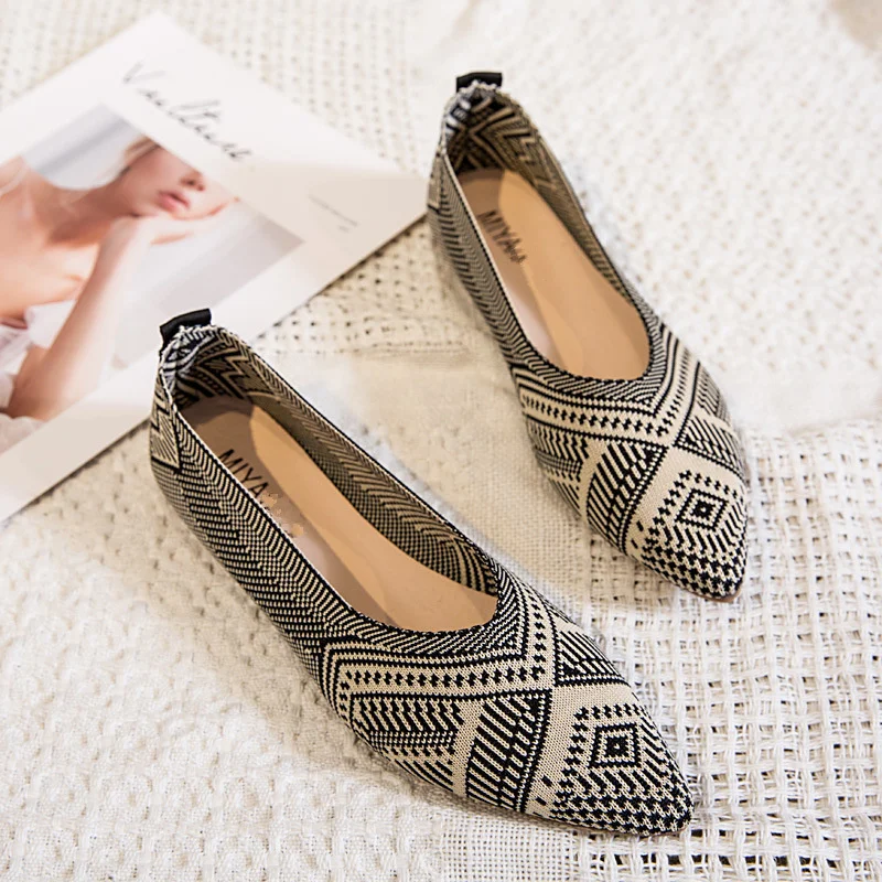 Woman Autumn Summer Breathable Knit Pointed Toe Single Shoes Women's Flat Shoes Casual Shallow Peas Shoes Girl Soft Ballet Shoes