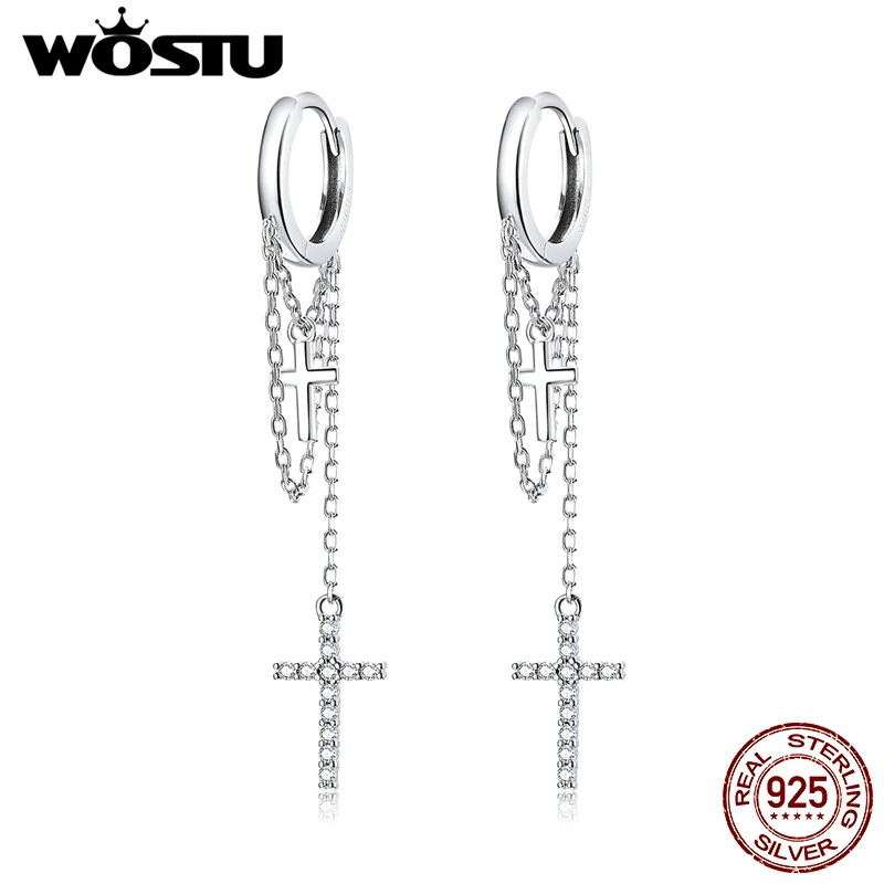

WOSTU Настоящее 925 стерлингового серебра серьги Сияющий CZ длинные классические серьги-кольца с крестиком, для женщин, ювелирные изделия CQE1002