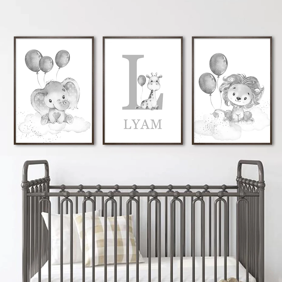 

Custom Baby Initials Name Elephant Lion Watercolor Posters Nursery Wall Art Canvas Painting Print Pictures Kids Room Home Decor