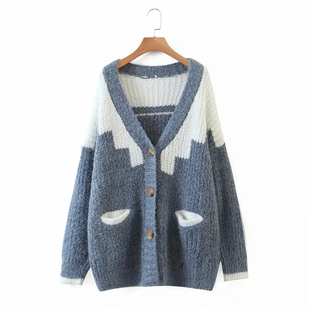 Женский жаккардовый свитер с карманами v-образным вырезом и длинным рукавом