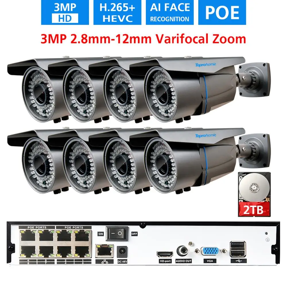 TOPROHOIME H.265 + 8CH POE NVR система 5MP рекордер 48В 3MP 2 8 мм 12 zoom IP камера безопасности