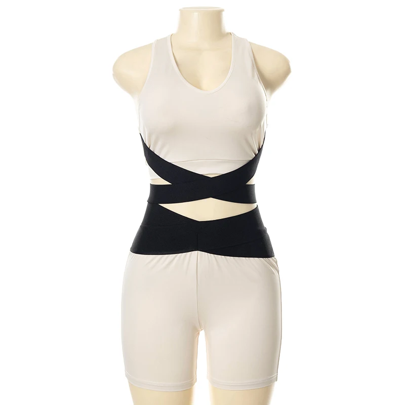 

Women V Neck Corset Crop Top Bandage Sleeveless Patchwork Tank Tops + Hot Shorts Joggers Sweatpants Two Piece Set 2021 Summer