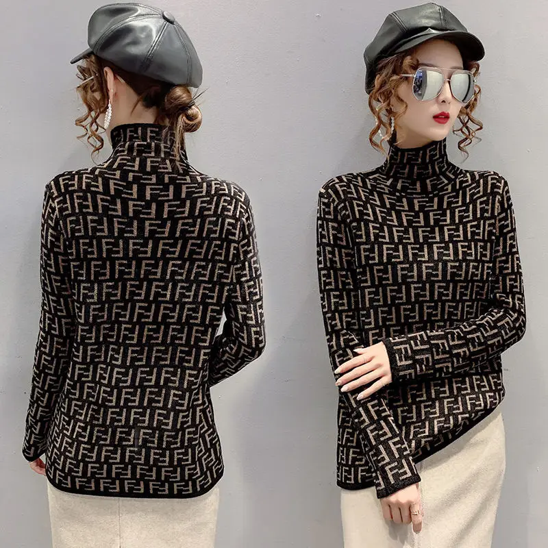 

Autumn and Winter New Velvet Turtleneck Sweater Letter Jacquard Pullover Sweater Ladies Western Style Slim Bottoming Shirt Thick