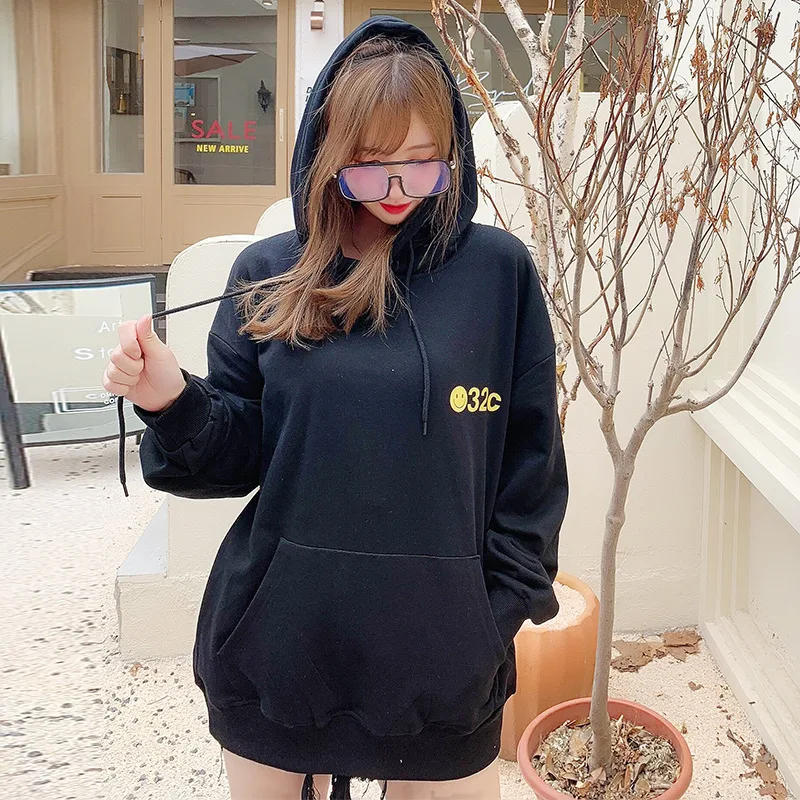 

Smiley face printed sweater women autumn loose hooded women's mid-length large pocket hooded sweater Black