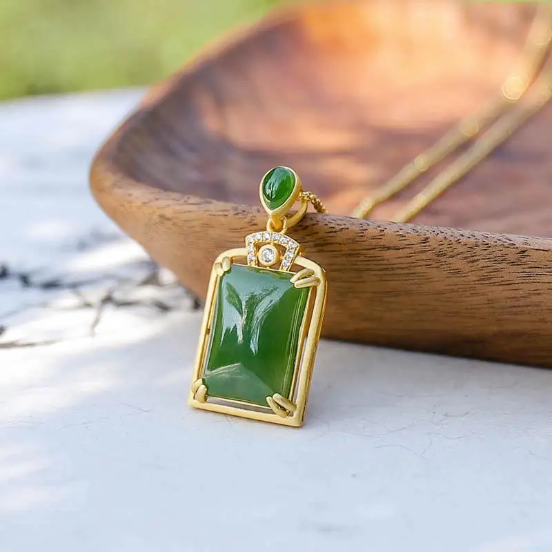 

S925 Sterling Silver Square Plate Jasper Pendant Natural Hetian Jade Green Jade Jasper Pendant Jade Clavicle Chain Fashion Retro