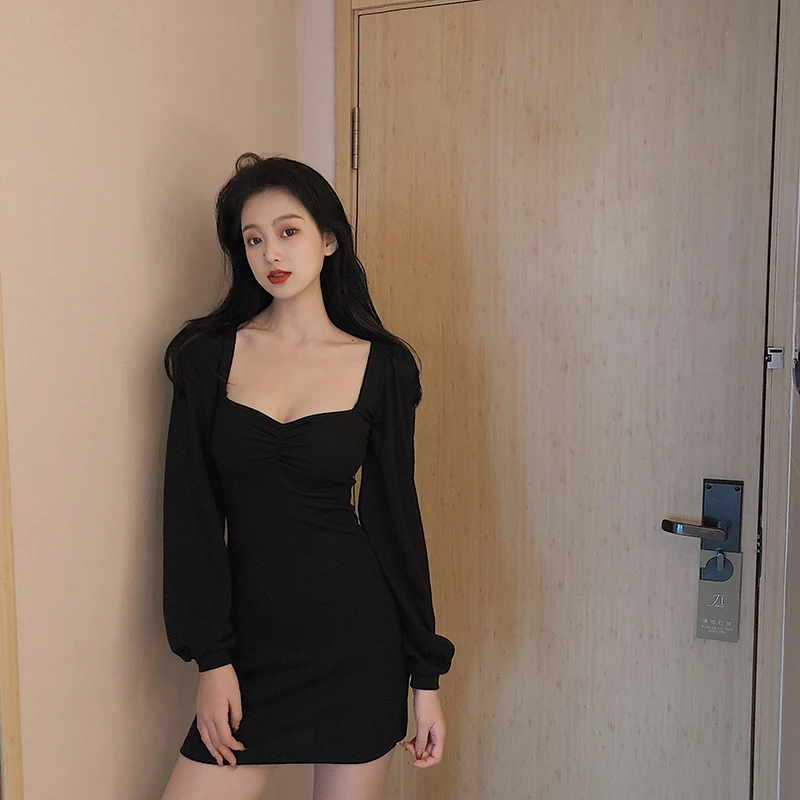 

Fall 2021 Korean Chic New Fashion Square Collar Slimming A- line Skirt Base Skirt Long-Sleeved Bubble Sleeve Dress