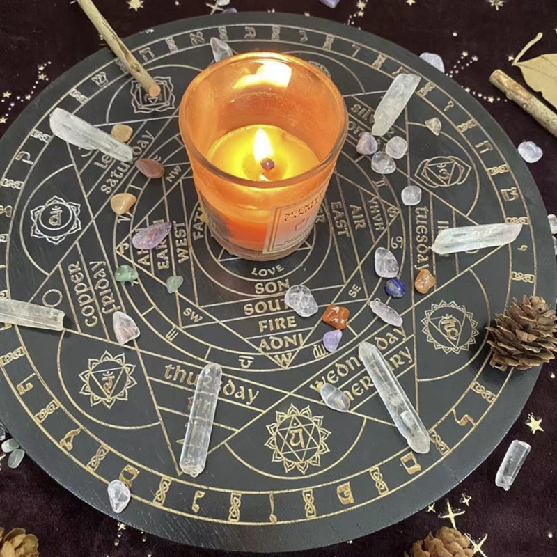 

Witch Divination Pendulum Board Seven Chakra Crystal Energy Disk Oak Carved Astrolabe Altar Pendulum Prayer Ceremony Props