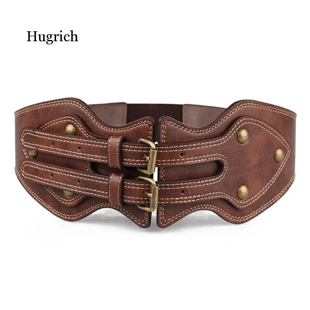 

Womens Wide Leather Belt Punk Rivet Female Belts Cummerbunds Brown Ladies Elastic Corset