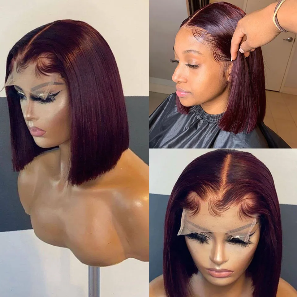 Парик бордовый Боб парик из человеческих волос на сетке спереди прямые короткие