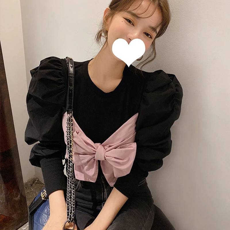 

RUGOD 2021 Spring bow knot puff sleeve sweet chic shirt elegant temrperament all-match streetwear sweet cute kawaii outwear 2021