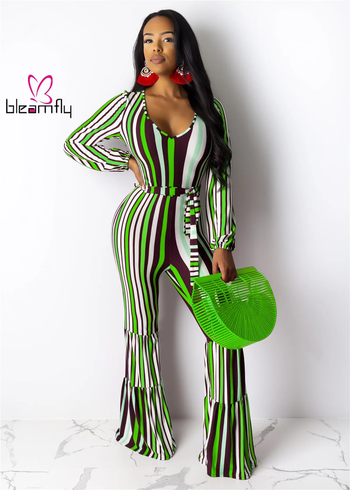 2019 женский комбинезон с длинным рукавом в полоску v образным вырезом бодикон