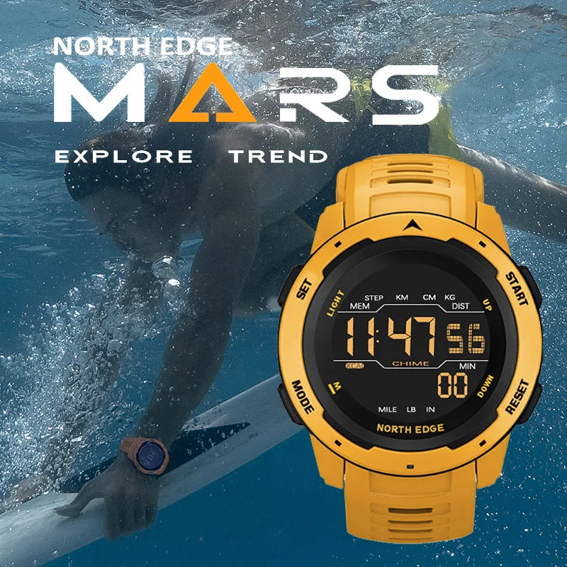 

NORTH EDGE Mars Men Digital Watch Men's Military Sport Watches Waterproof 50M Pedometer Calories Stopwatch Hourly Alarm Clock