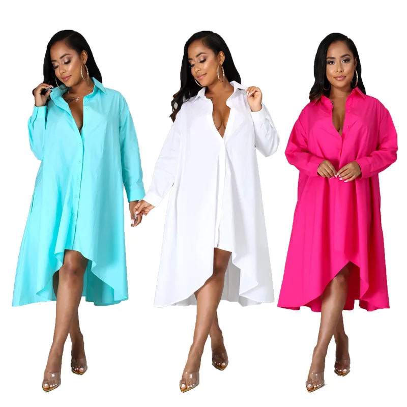 

Plus Size Curved Hem Button Shirt Dress Women Spring Autumn Loose Solid Long Sleeve Straight Casual Dresses