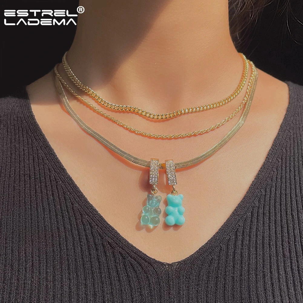 

Fashion Multilayer Snake Chain Gummy Bear Choker Necklace For Women Crystal Bear Gold Color Metal Chain Necklaces Collar Jewelry