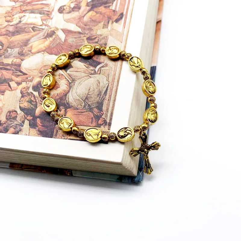 Религиозный Ретро Mary драгоценный жемчуг крест эластичные украшения браслет