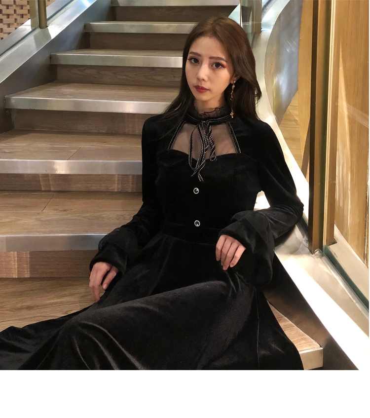 

Plus Size Women Vintage velvet long Dress Autumn Winter 2020 Mesh Patchwork Long Sleeve High Waist Black Dresses for women robe