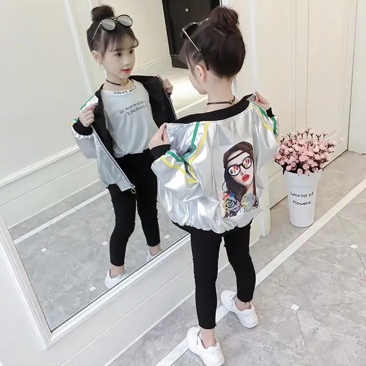INS/Лидер продаж, куртка для девочек от 3 до 13 лет, веревочные браслеты с круглым вырезом, бейсбольная форма, красивое весенне-осеннее пальто Золотое и Серебряное
