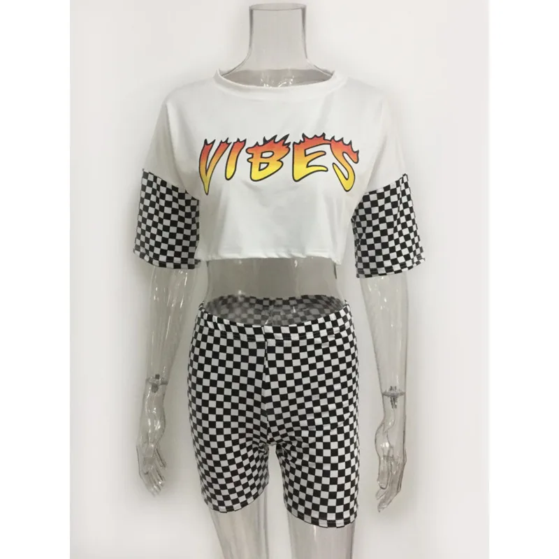 

Summer 2020 new sexy letter nine points shirt plaid shirt tights short 2 piece suit shirt two piece suit female suit