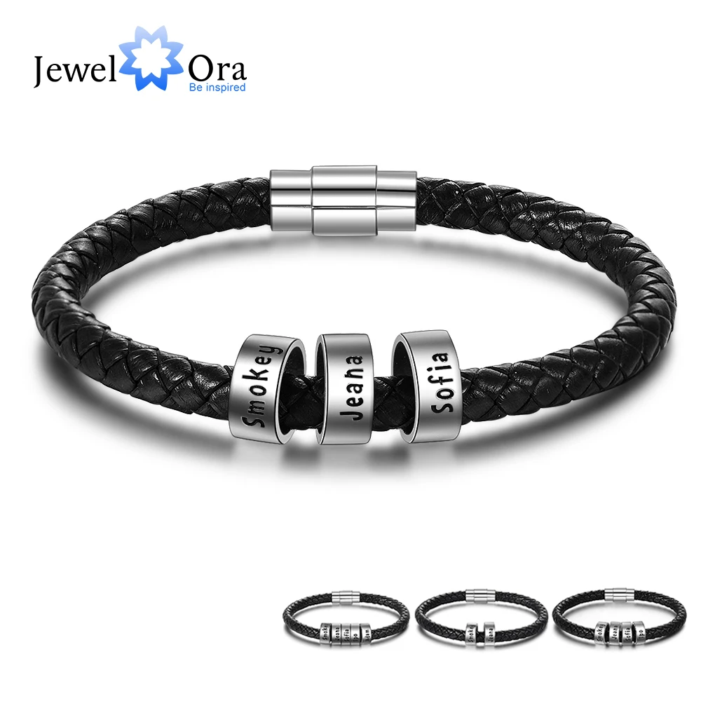 Personalized Men Leather Bracelet with 1-6 Name Beads Customized Family Names Black Rope Magentic Buckle Bracelets for Men
