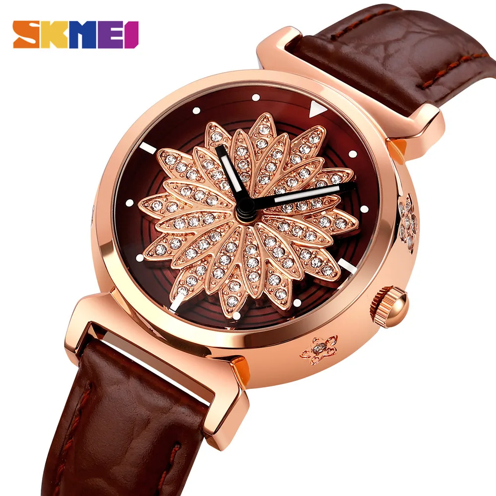 

SKMEI Luxury Leather Strap Women Watches Creative Flower Rotaing Dial Ladies Female Quartz Wristwatches Relogio Feminino 1766