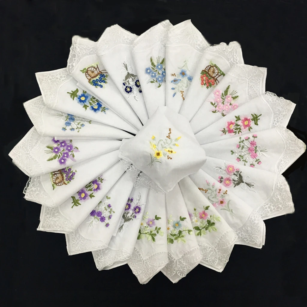 12Pcs Classic Cotton Beautiful Handkerchiefs Women Washable Pocket Embroidered Lace Hankie Towel Lot 28x28cm - купить по выгодной