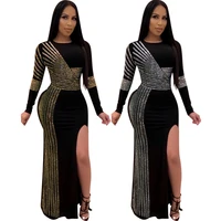 womens autumn and winter o neck long sleeved sexy sequined split dress elegant and fashionable long party cocktail dress