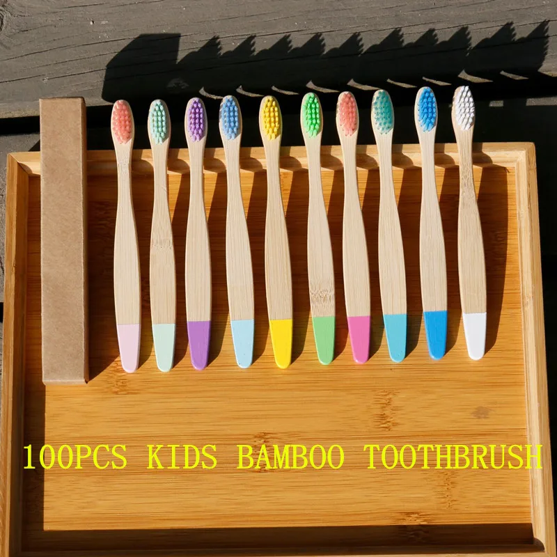 100 Pack Kids Toothbrushes Eco-Friendly Bamboo Soft Fibre Toothbrush Biodegradable Teeth Brush for Children Solid Bamboo Handle