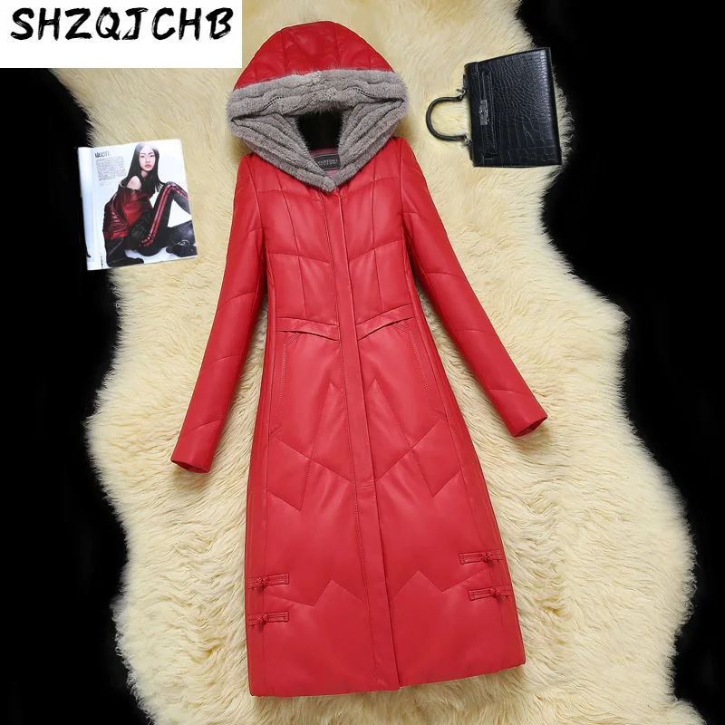 

SHZQ меховая пуховая куртка женская овечья кожа средней длины новая норковая шапка меховое пальто