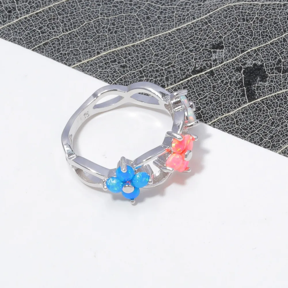 Кольцо женское посеребренное с голубым/розовым/белым огненным опалом размеры 5-11
