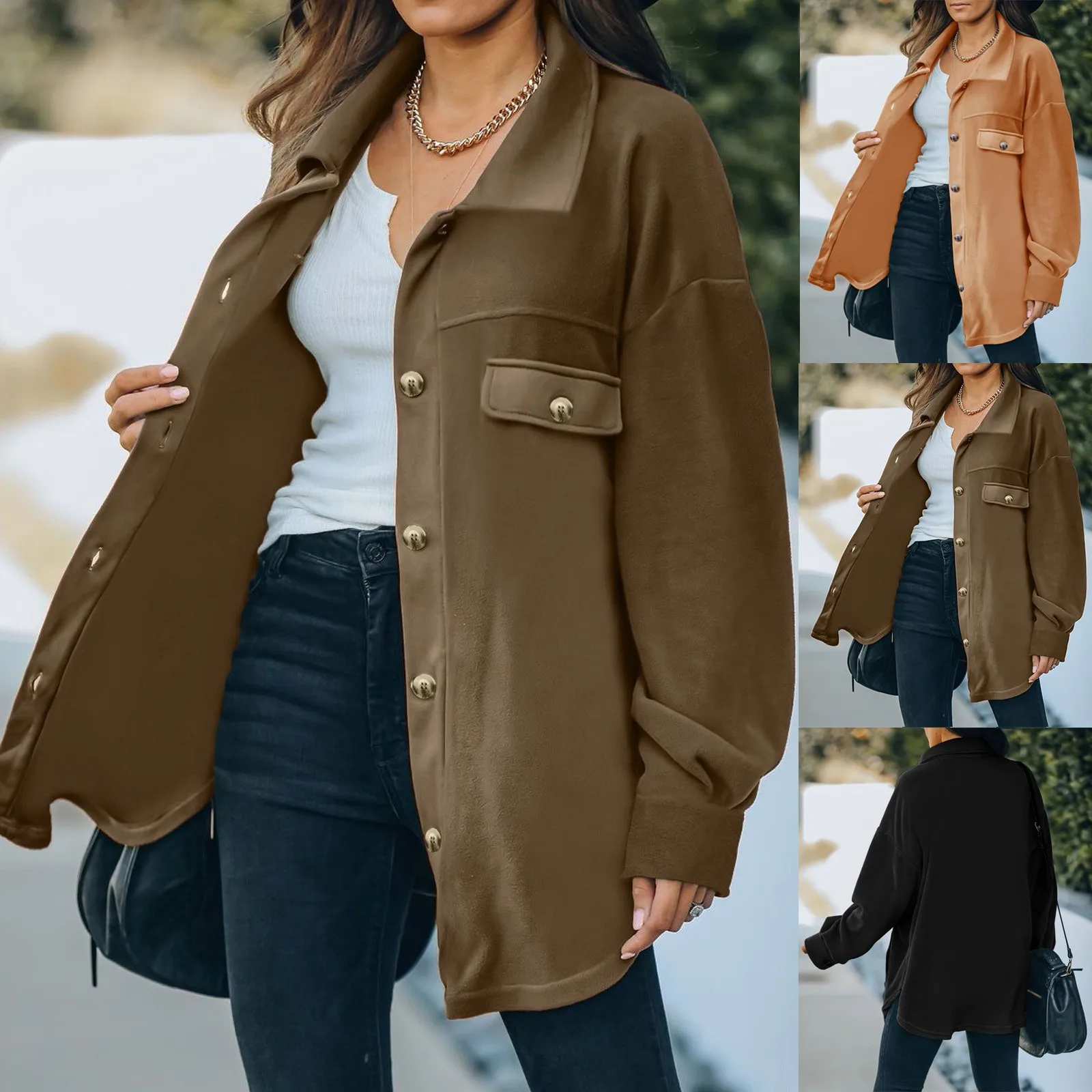 

Women Solid Fashion Plus Size Jacket Long Sleeve Cardigan with Pocket Lapel Collar Casual Loose Coat with Button