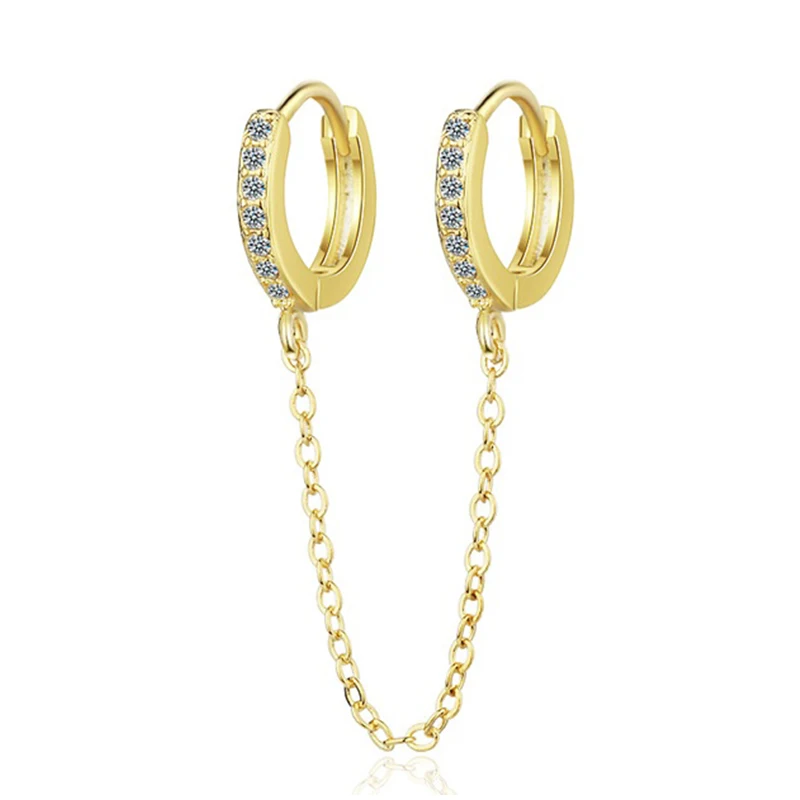 Классические двойные серьги-обручи с цепочкой для пирсинга белые/Золотые тонкие