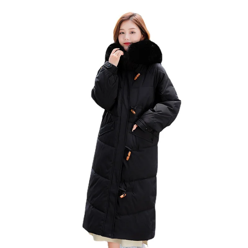

Winter 2021 new style cotton-padded jacket women long section Korean loose casual horn buckle cotton jacket big fur collar